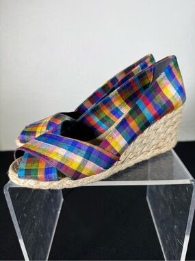 Lauren Ralph Lauren Cecilia Plaid Silk Wedge Sandals Espadrilles Shoes Size 6